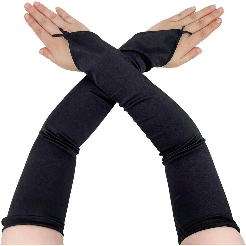 Women's Black Stretchy Finger Loop Fingerless Satin Elbow Length Opera Gloves